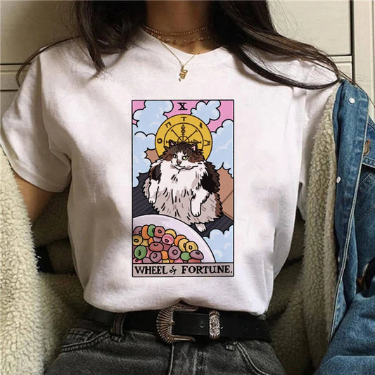 Women Tarot Cat Print Tshirt 90s Tshirt Trend Cartoon Summer Fashion Print Short Sleeve Lovely Clothes Tops Tees Tshirt T-Shirt