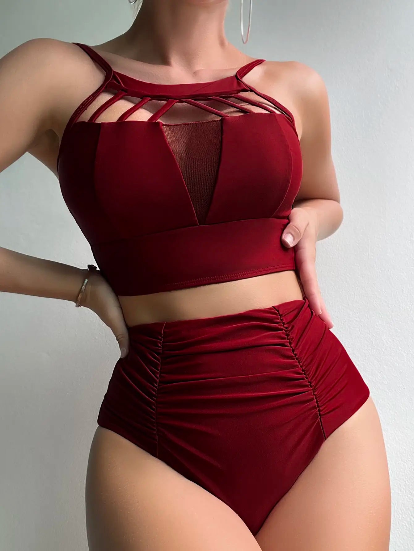 Cut-out Ruched Bikini 2024 Women High Waisted Swimwear Female Solid Swimsuit Red Beachwear Bathers Bathing Swimming Swim Suit