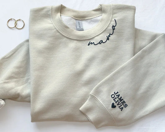 Personalized Mama Sweatshirt with Kid Names on Sleeve Minimalist Neckline Sweater Mothers Day Gift New Mom Gift Birthday Gift