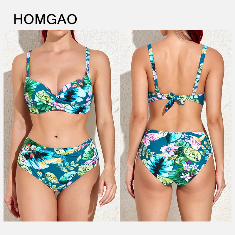 HOMGAO Sexy 4XL Large Swimsuit For Women Swimwear Push Up Bikinis High Waist Retro Print Female Set Bathing Suit Beach Biquini