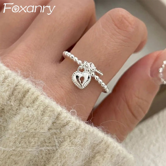 Foxanry Silver Color Love Heart Key Pendant Rings For Women Girls Creative Trendy Simple Sweet Elegant Anniversary Jewelry Gifts