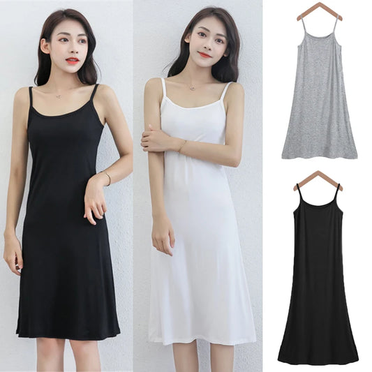 New Women's Camisoles Full Slips Dress with Shoulder-straps Long Under Dress Solid Underskirt Inner Petticoat length 88 to 108cm