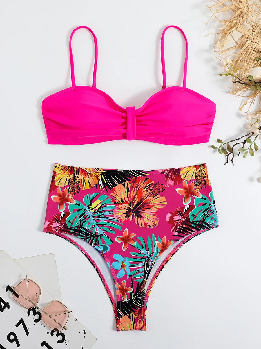 Floral Push Up Bikini Bandeau Swimsuit Women 2023 Swimwear Female High Waisted Bikinis Set Sexy Swim for Woman Wear Bathing Suit