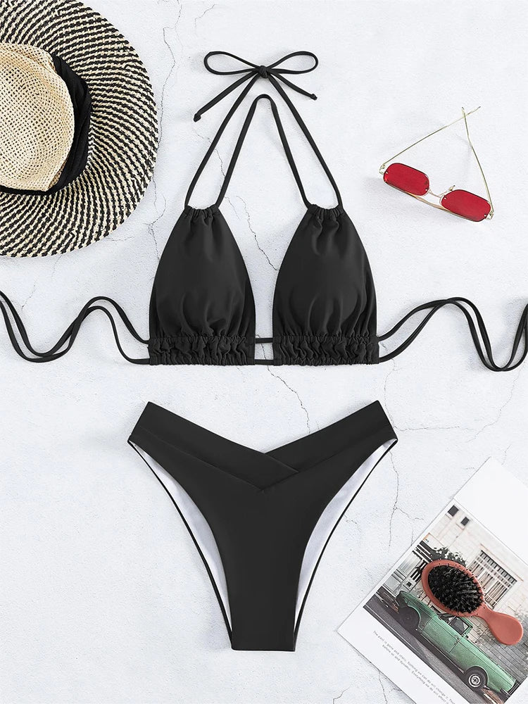 Beach Bikini Black Sexy Halter Bikini Push Up Swimsuit 2 Piece Bikini Sets 2023 Summer Women Swimwear Bathing Suits